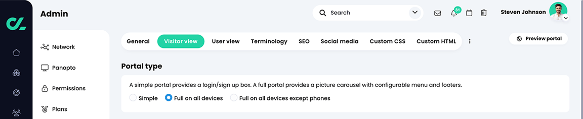 Admin, Portal, Visitor view, Portal type section with 'Full on all devices' selected