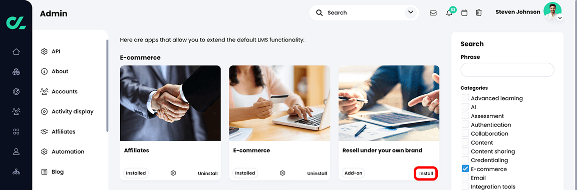 Admin, App center with the Install button highlighted on the Resell under your own brand app tile