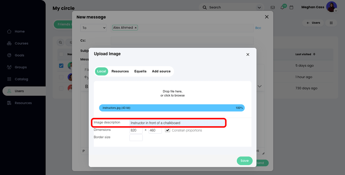 New message, Upload image pop-up with the Image description highlighted 