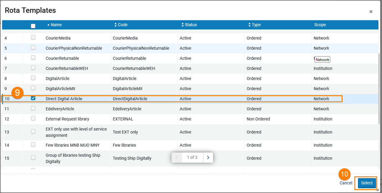 Rotas display, click on rota to use and click on select