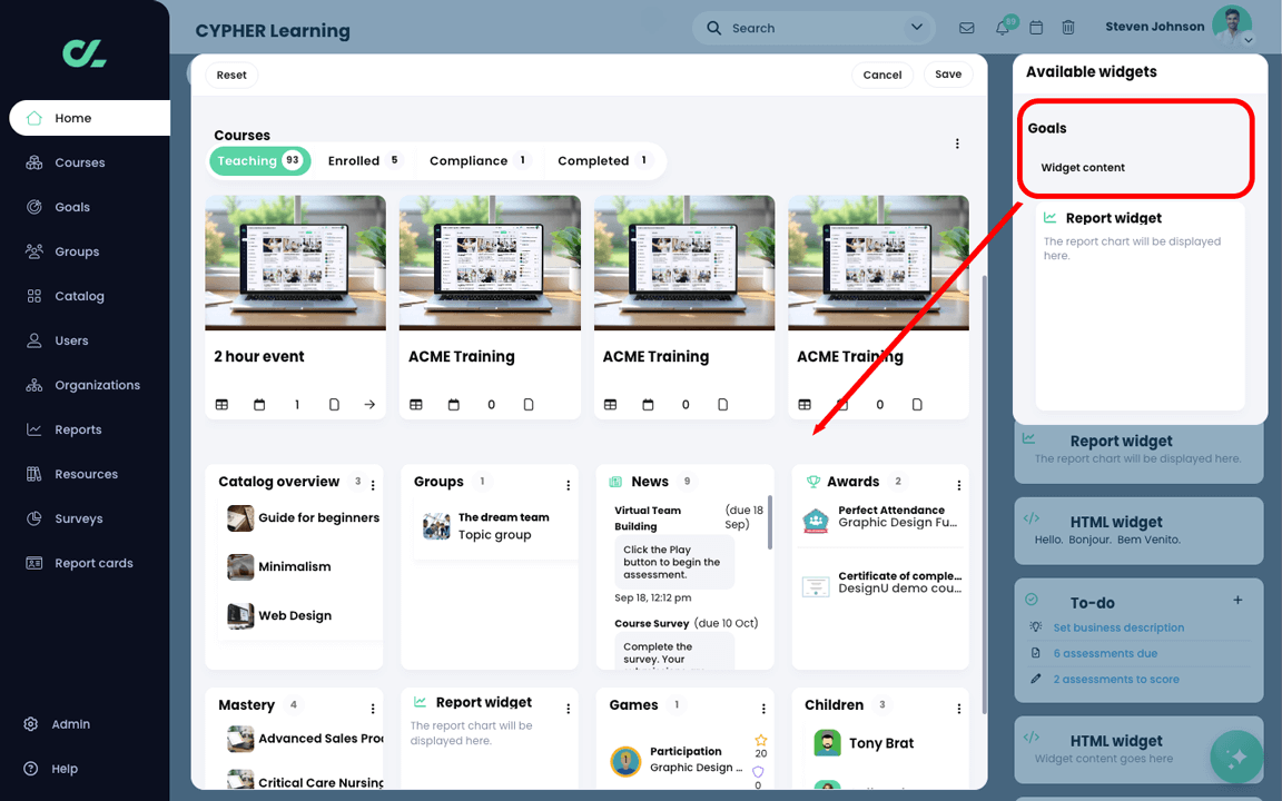 Edit widget mode with the Goals widget highlighted in the right column with an arrow pointing at the center panel