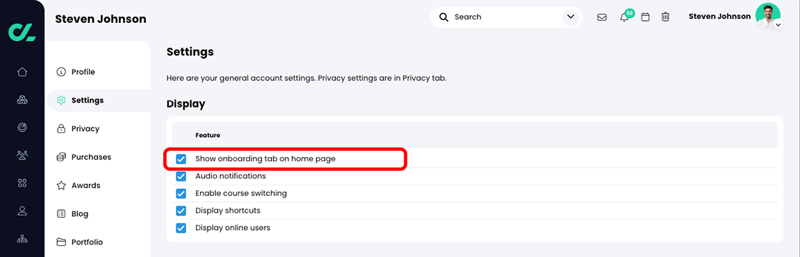 Profile, Settings with the show onboarding tab on home page setting selected and highlighted