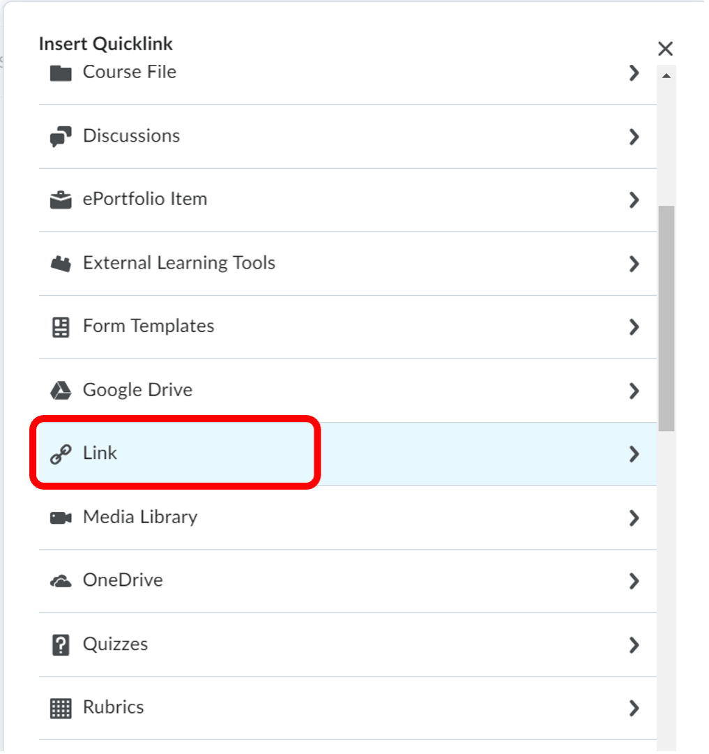 Insert Quicklink menu with Link option selected