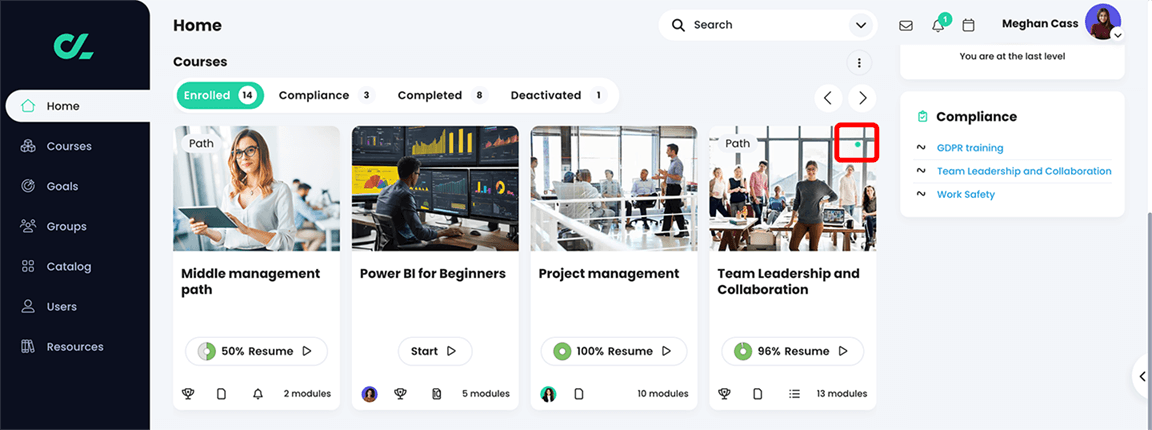 Learner view, Dashboard page with pulsing activity dot highlighted on a course tile 