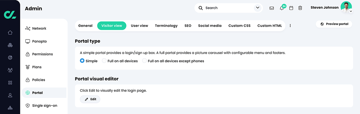 Admin, Portal, Visitor view tab with Simple selected as the Portal type