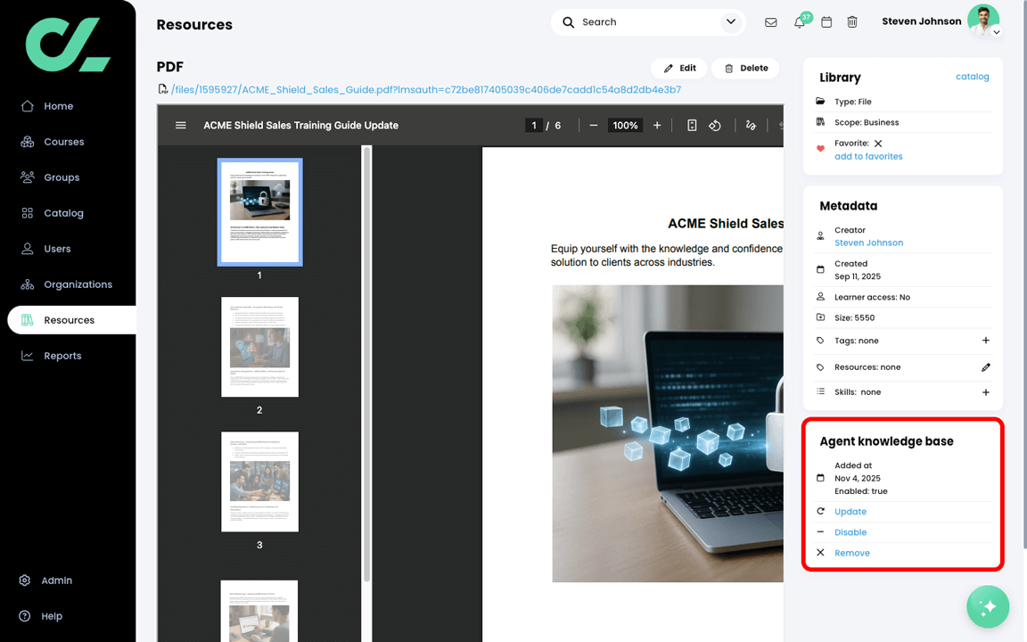 Resource page with the Agent knowledge base widget highlighted for a file that has been added to the knowledge base