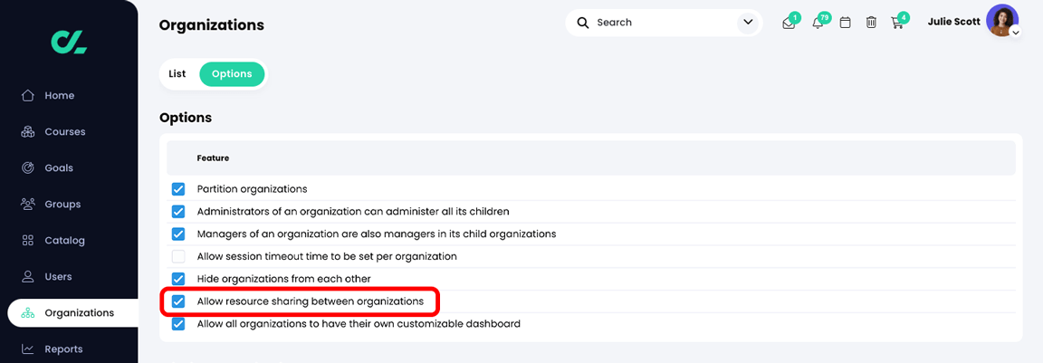 Organizations, Options tab with the Allow resource sharing between organizations setting selected and highlighted