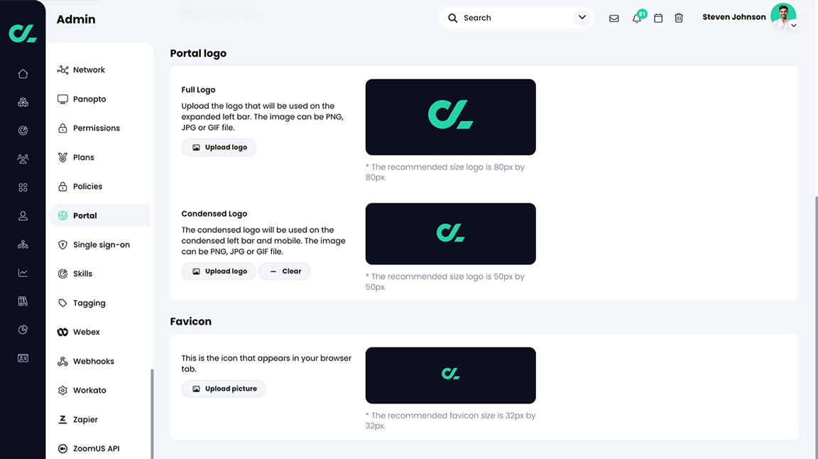 Admin, Portal, General tab, Portal logo and Favicon sections with example images uploaded