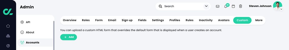 Admin, Accounts, Custom tab