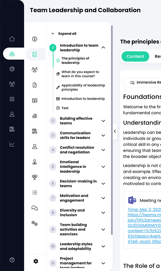 Course table of contents navigation showing an expanded module section and the expand and contract buttons