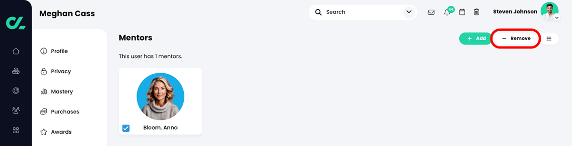 User profile page, Mentor page with a mentor selected and the Remove button highlighted