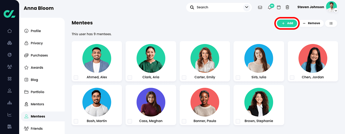 Mentor's profile, Mentees page with the Add button highlighted