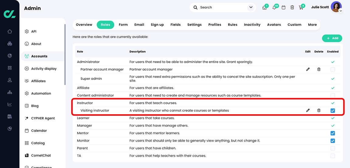 Admin, Accounts, Roles with the default Instructor role and the custom Visiting Instructor role highlighted