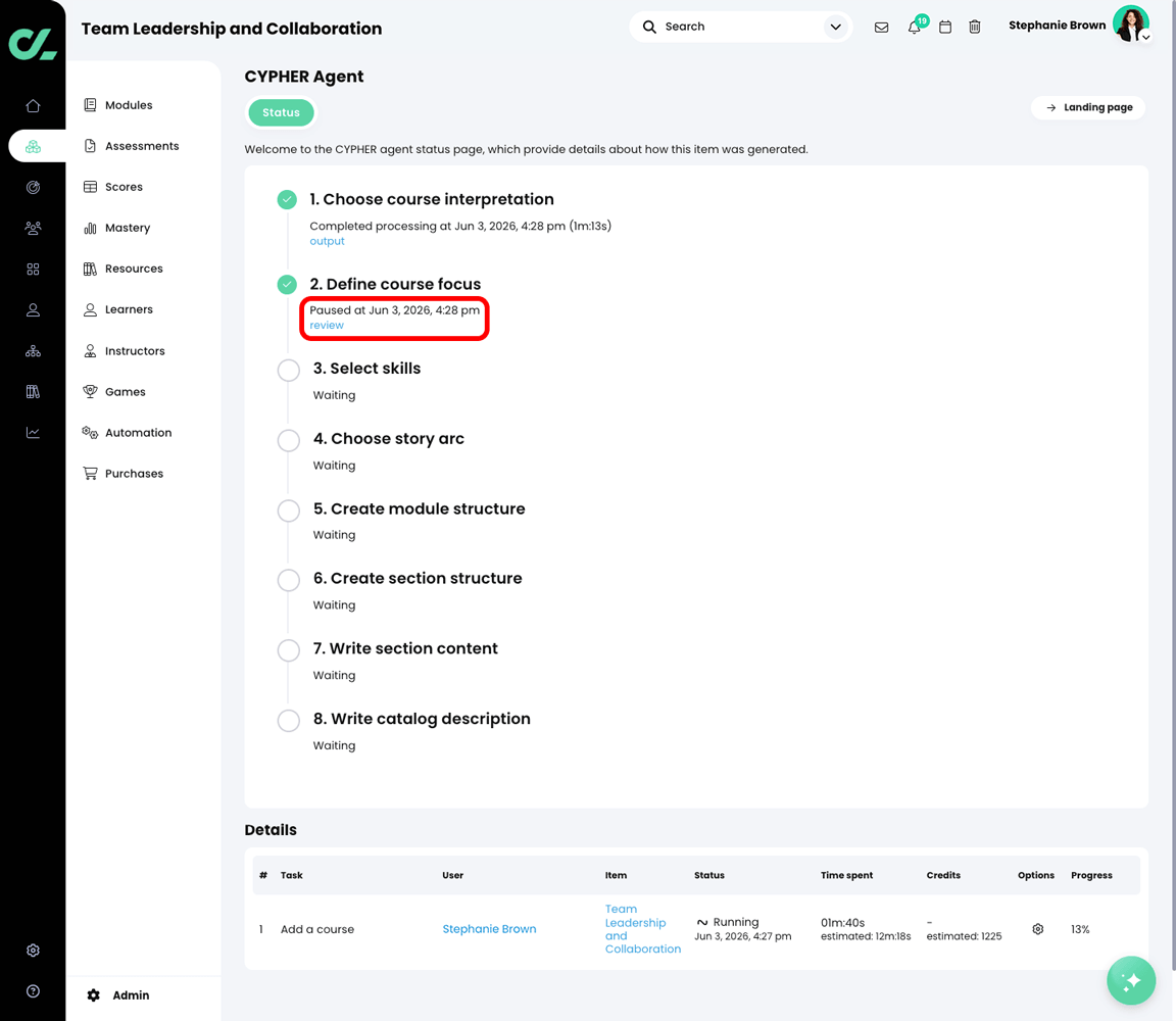 CYPHER Agent status page with the review button highlighted in the Define course focus section