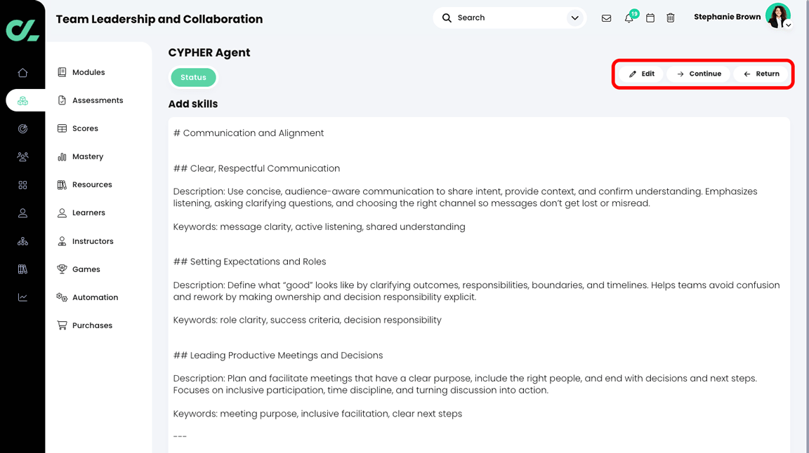 CYPHER Agent Add skills Markdown file, with the Edit, Continue, and Return buttons highlighted