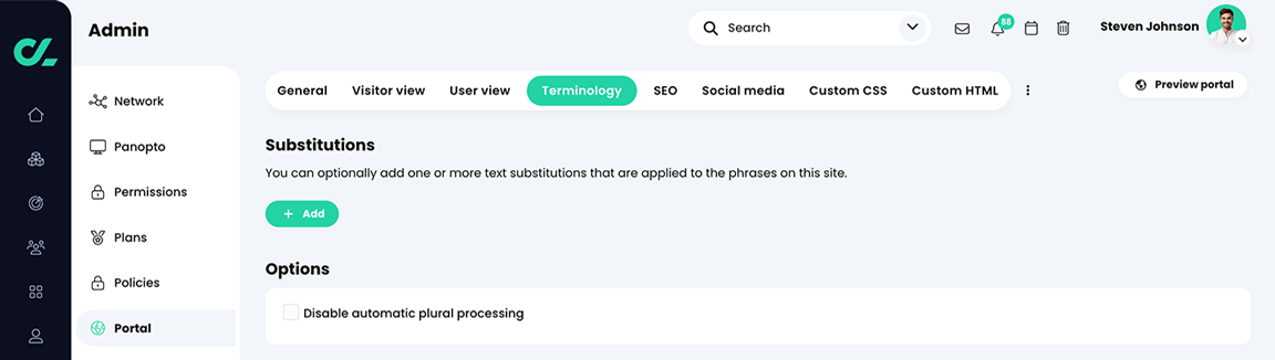 Admin, Portal, Terminology tab