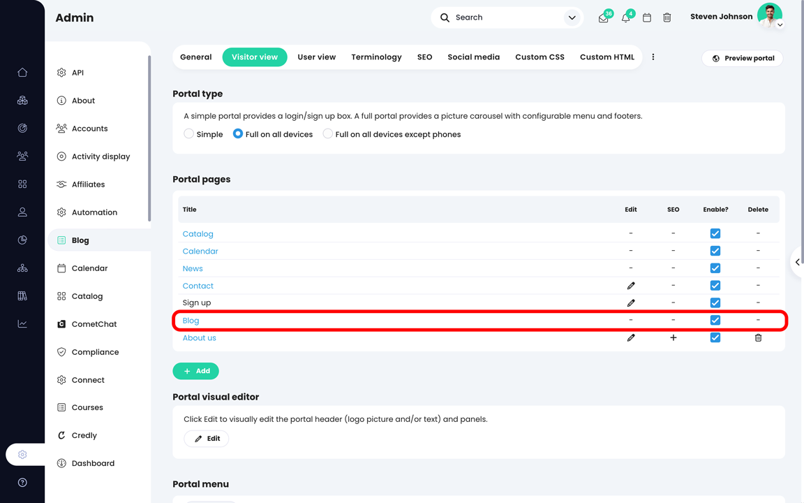 Admin, Portal, Visitor view page showing the list of Portal pages with the Blog page enabled
