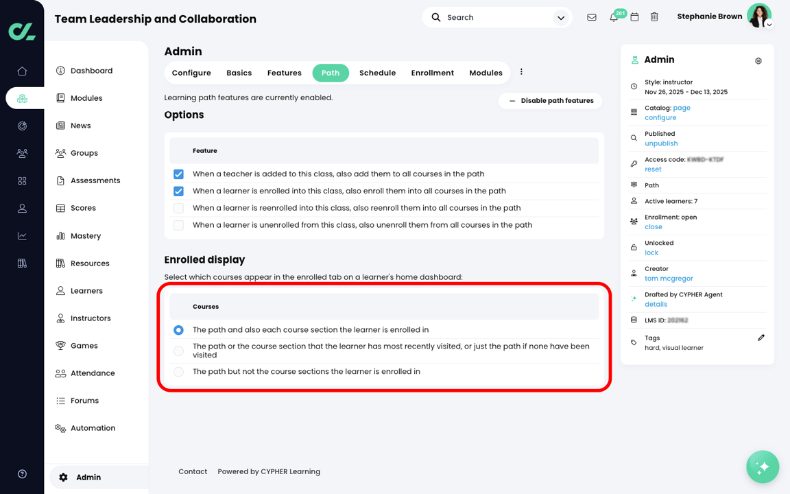 Path, Admin, Path tab with the Enrolled display section highlighted
