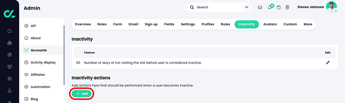 Admin, Accounts, Inactivity tab with the Add button highlighted in the Inactivity actions section