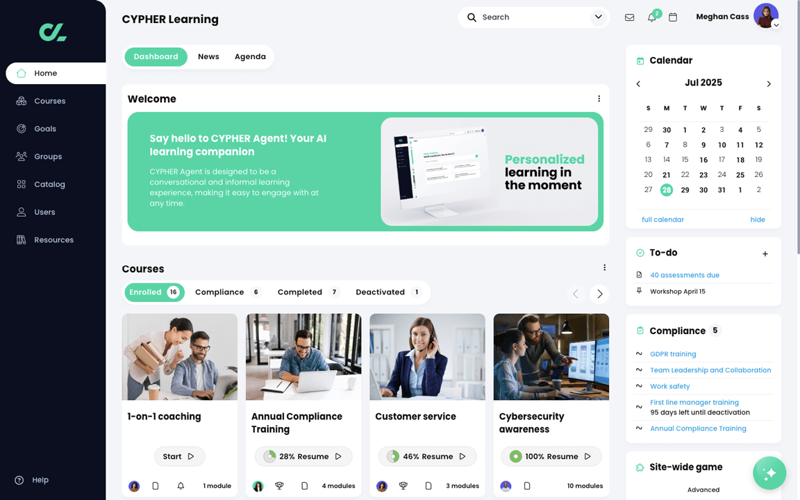 Home page dashboard for a learner