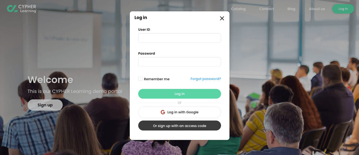 Log in pop-up  on the company portal front page