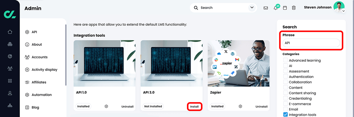 App center with API entered and highlighted in the Search Phrase fields and the Install button highlighted on the API 3.0 app tile