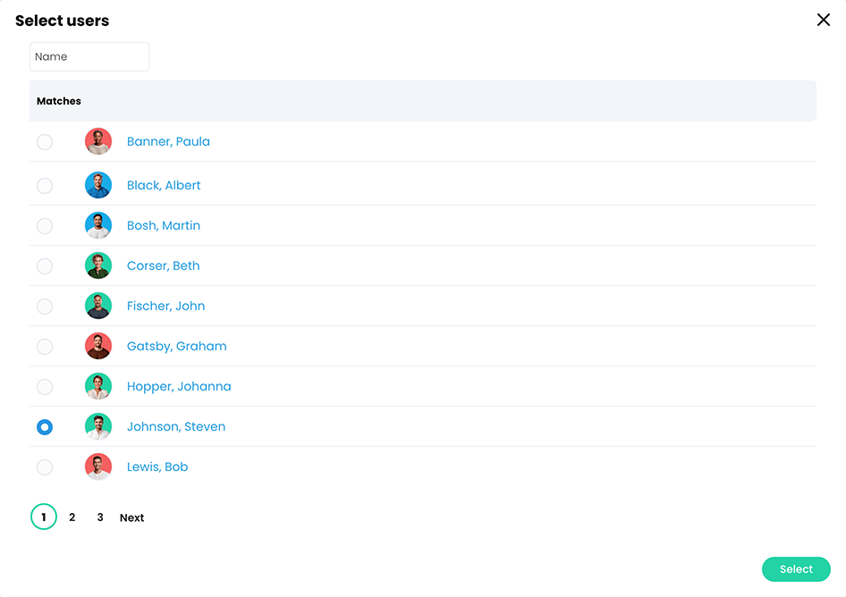 Select users pop-up with a user selected