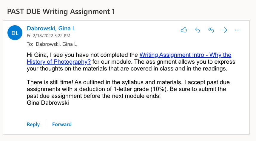 a screenshot of the sample email in a student's inbox