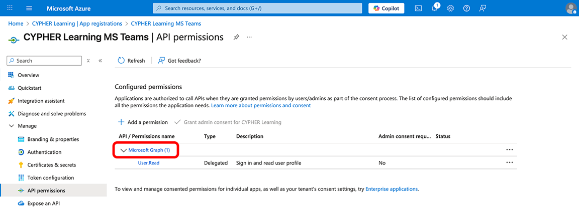 Azue portal, API permissions with the Microsoft Graph link highlighted in the Configured permissions section
