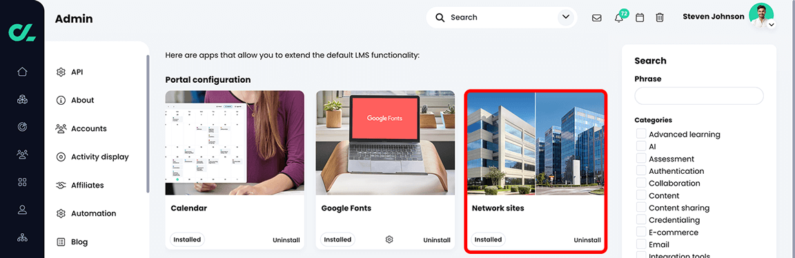 Admin, App center with the Network sites app highlighted in the Portal configuration section