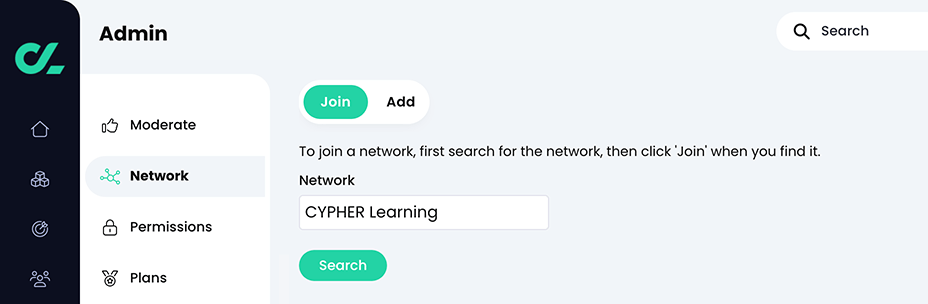 Admin, Network, Join tab with a search term entered