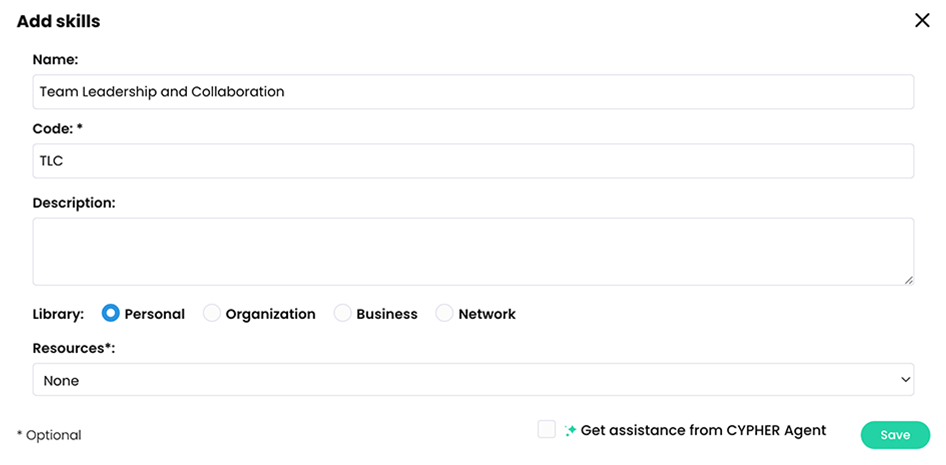 Add new skills pop-up with a sample Name and Code entered