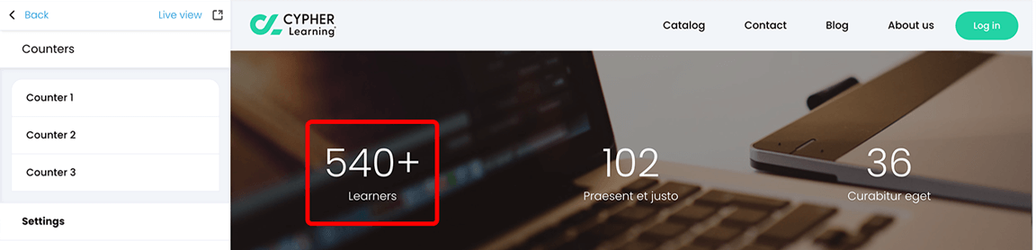 Portal visual editor, Counters menu with the updated Counter 1 number highlighted in the Preview pane