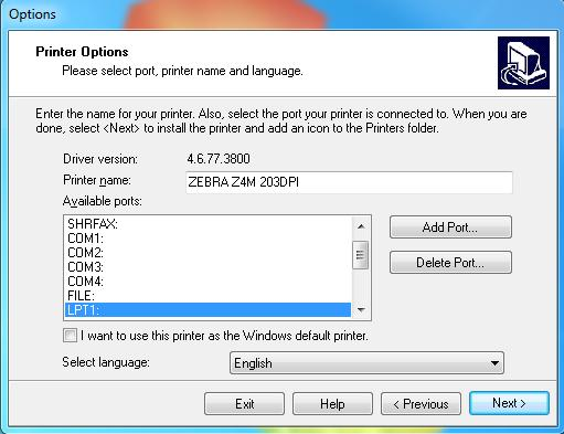 Printer configuration wizard showing name and location fields
