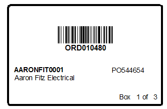 Order fulfillment box label template showing order number, customer ID, and box count