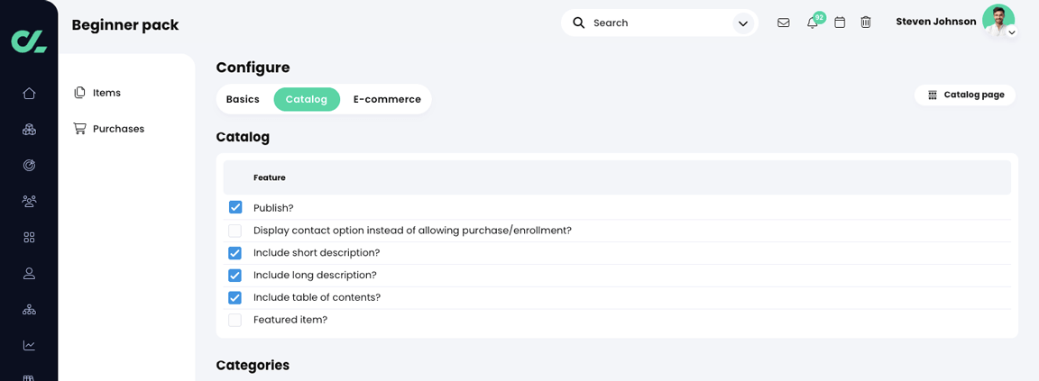Admin, E-commerce, Bundle, Configure page, Catalog tab with basic feature settings