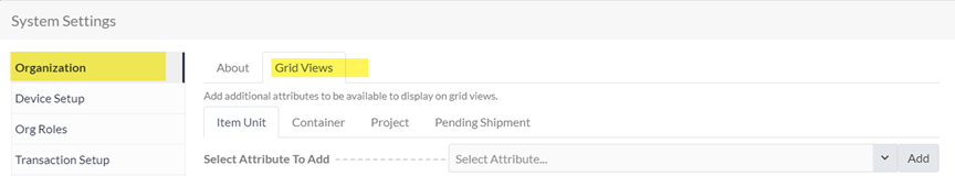 Organization settings for grid view attribute display