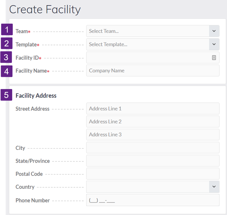 Create Facility form