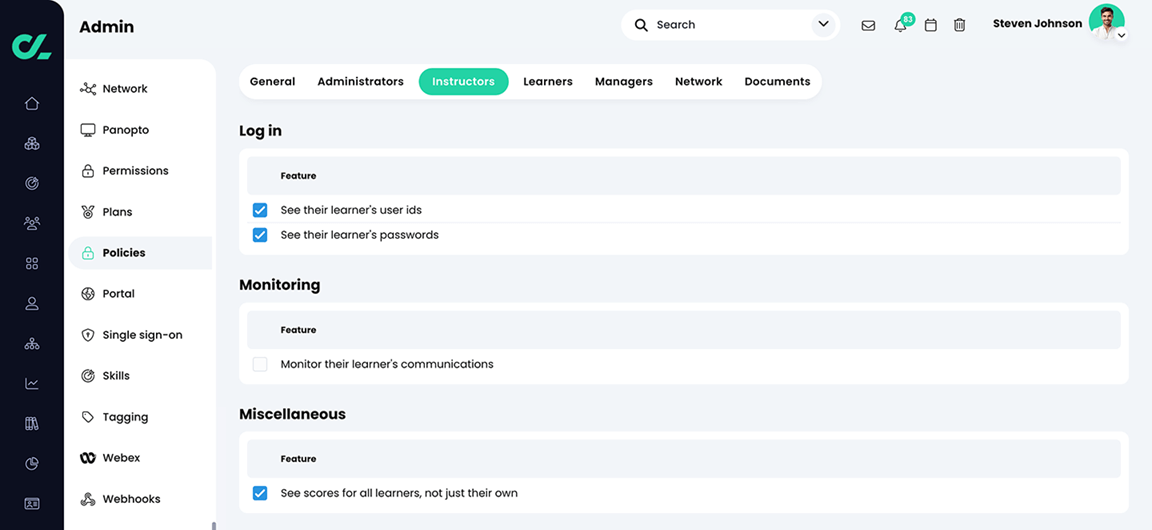 Admin, Policies, Instructors tab