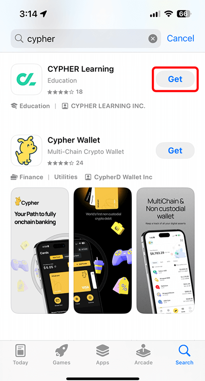 Apple app store, with cypher entered as a search term and the Get button highlighted on the CYPHER Learning app