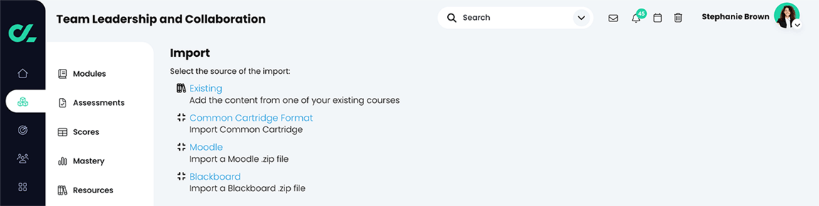 Course, Import page