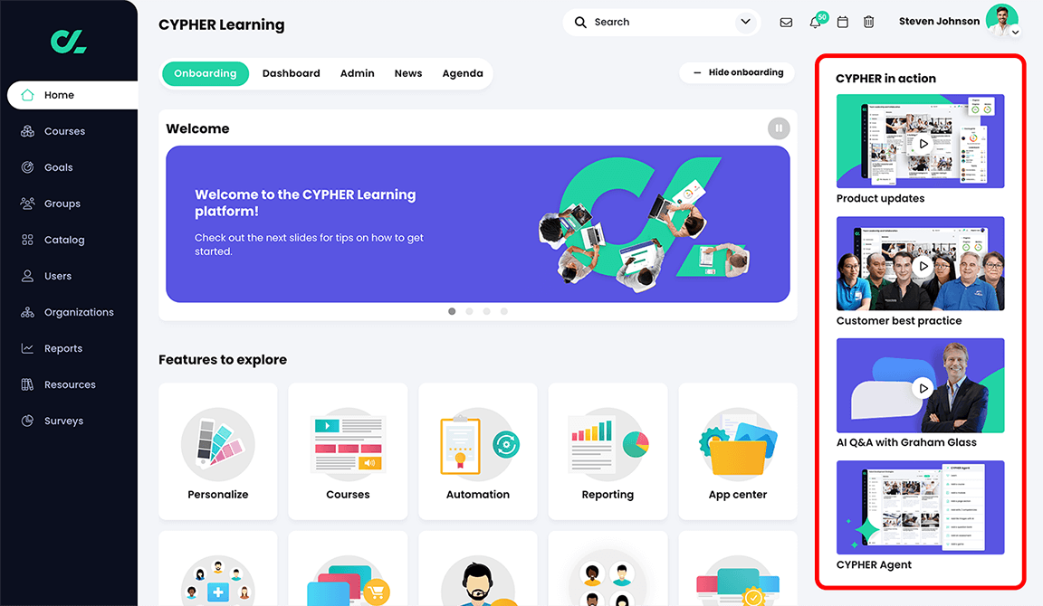 Onboarding page with the resources highlighted in the right panel