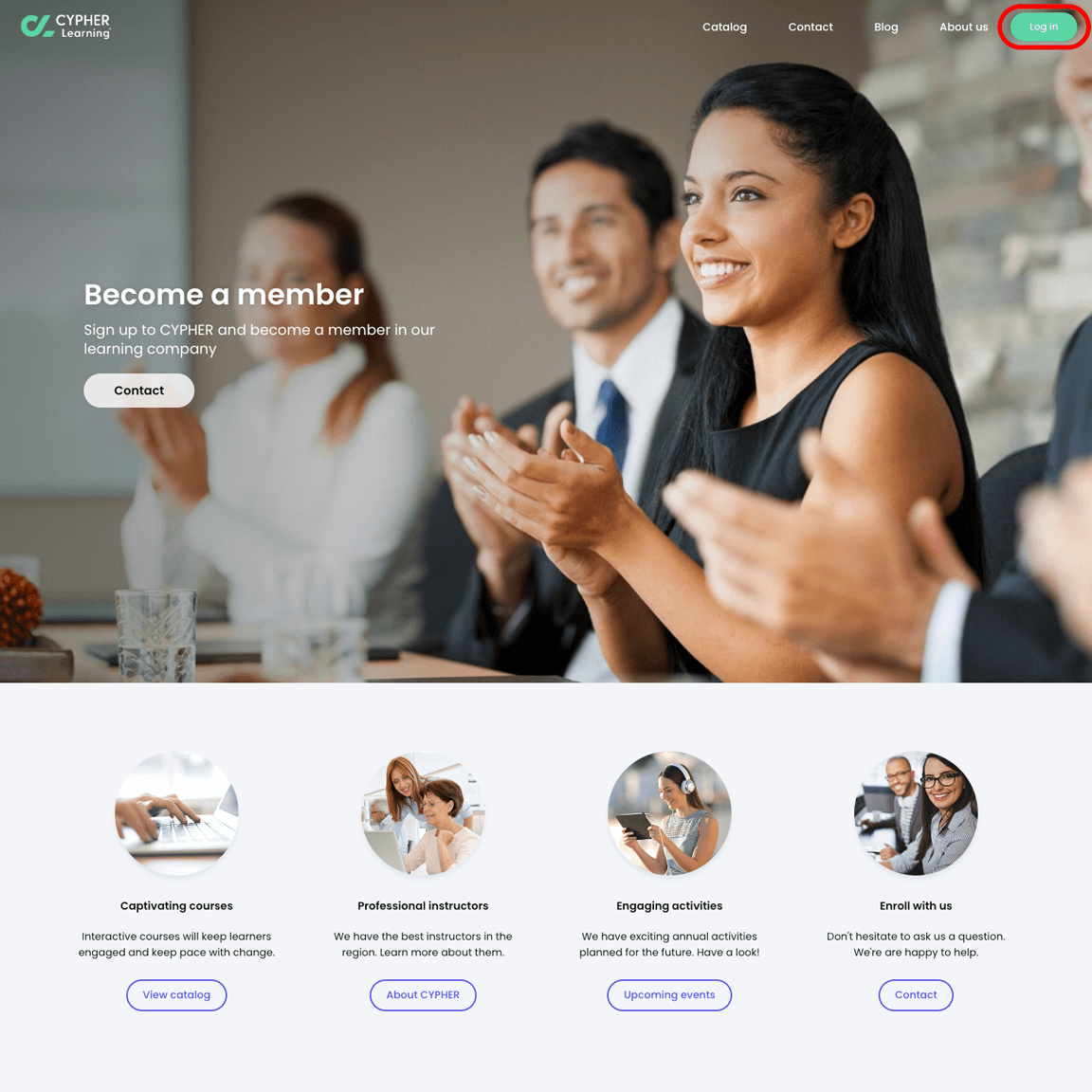 Company portal front page with the Log in button highlighted