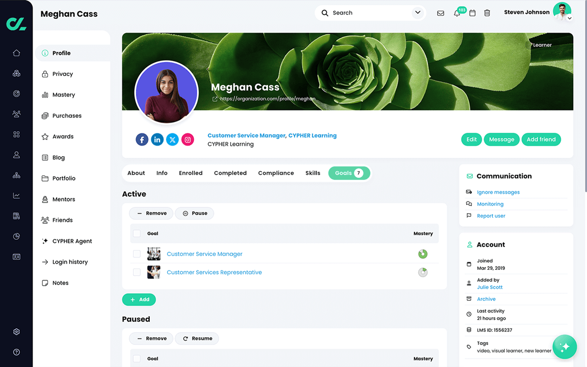 Learner profile page, Goals tab