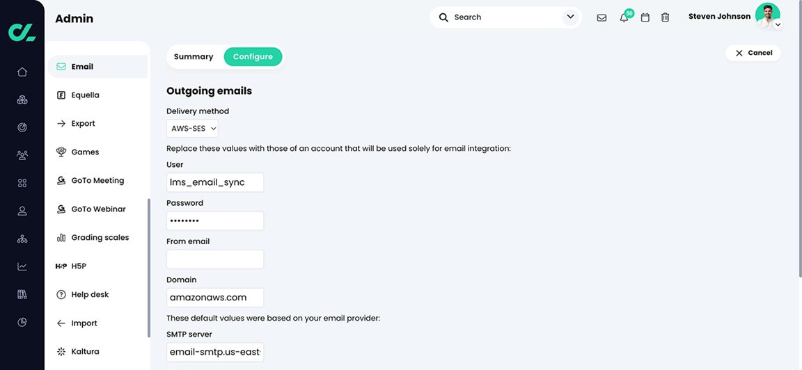 Admin, Email, Configure tab, AWS-SES configuration page