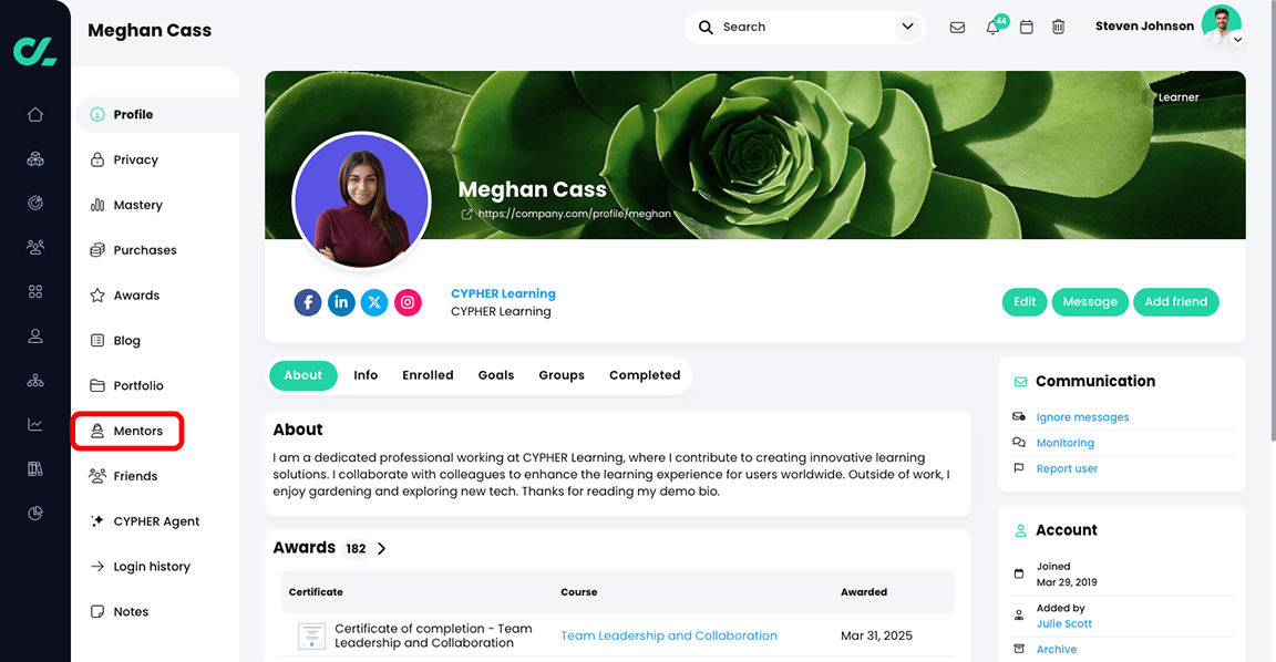 User profile page with the Mentors button selected in the profile menu