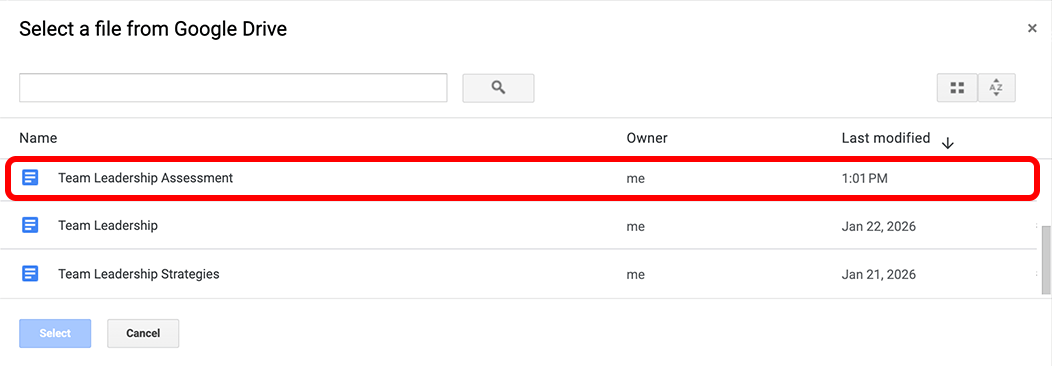 Select a file from Google Drive pop-up with an assessment file selected