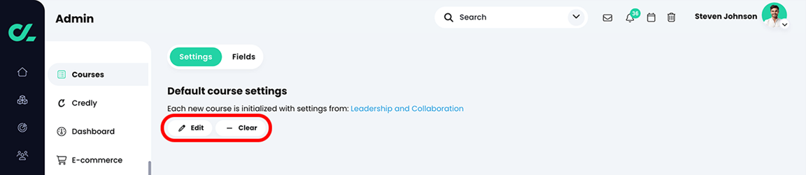 Admin, Course, Default course settings with a course added and the Edit and Clear buttons highlighted