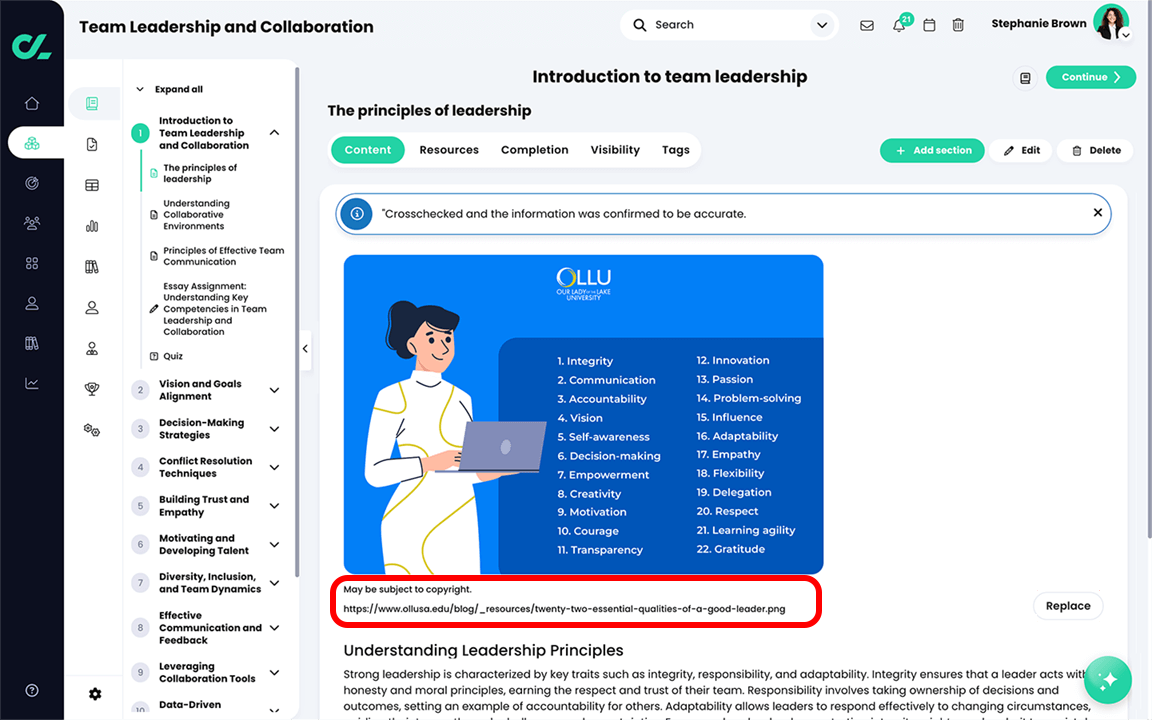 Course, Modules navigation menu open, Section content with a disclaimer and image source highlighted below an image