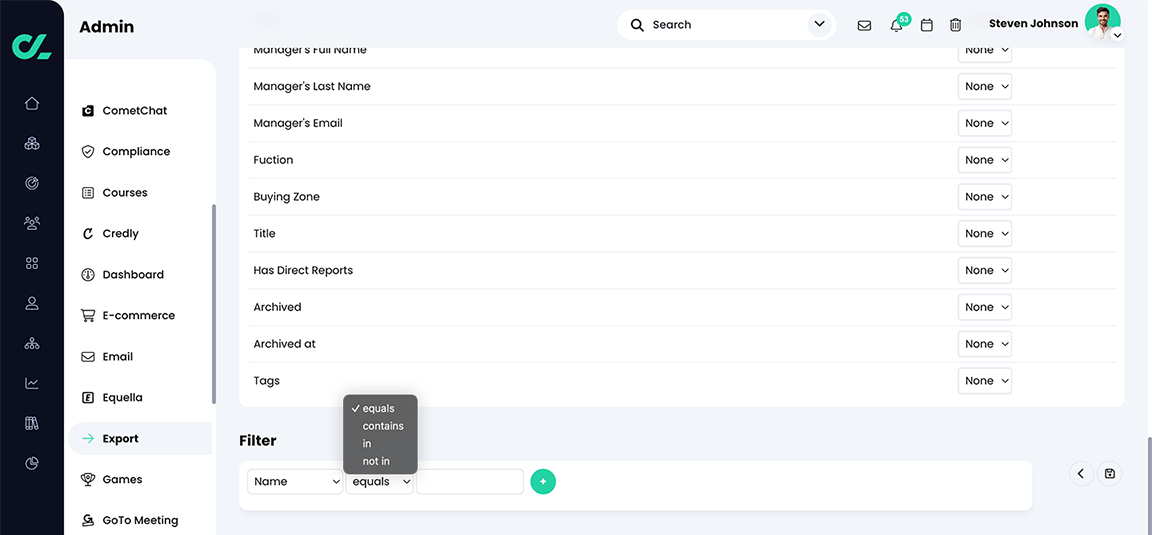 Admin, Export, Accounts tab, Filters section with the second filter drop-down menu active